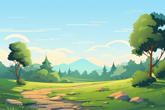 landscape illustration background of trees and grass with rocks and colorful sun sky and sun