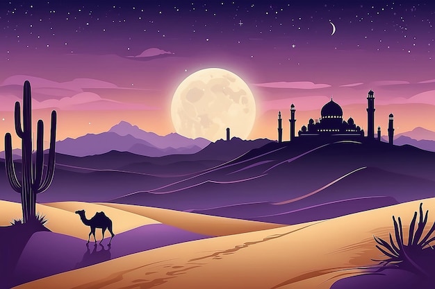 Фото Ландшафтная иллюстрация рамадана с силуэтом пустыни и мечети