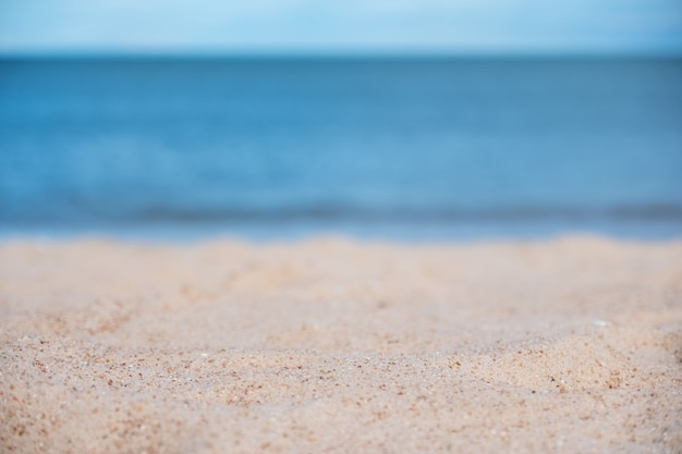 Landscape image of sand on tropical  beach with blue sea and sky background