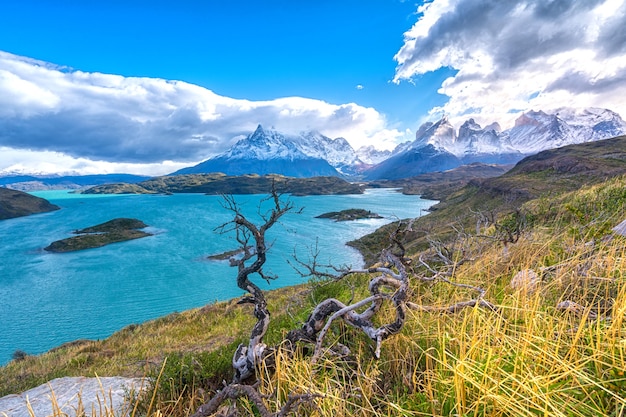 チリ、パタゴニア、コルディレラのトレスデルパイネ国立公園にあるペオエ湖の風景。