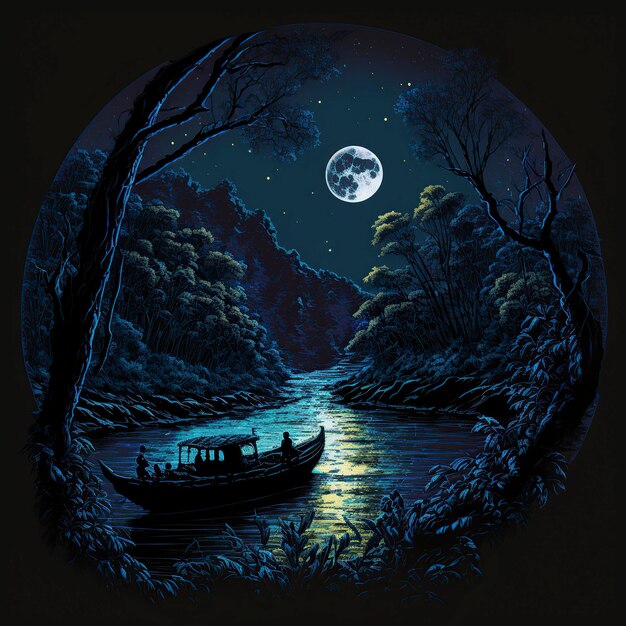 landscape of a lake moon mountain boat and trees in the middle of the forest image generated by AI