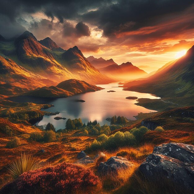 LANDSCAPE OF A LAKE IN THE MOUNTAINS AT SUNSET