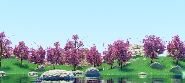 Landscape lake and sky pink trees and green grass 3d render