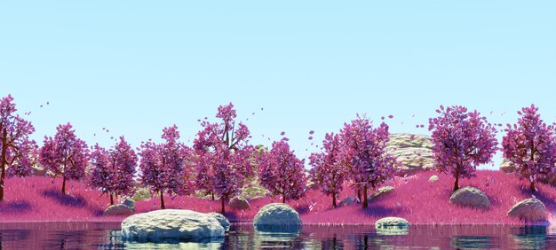 Landscape lake and sky pink trees and pink grass 3d render