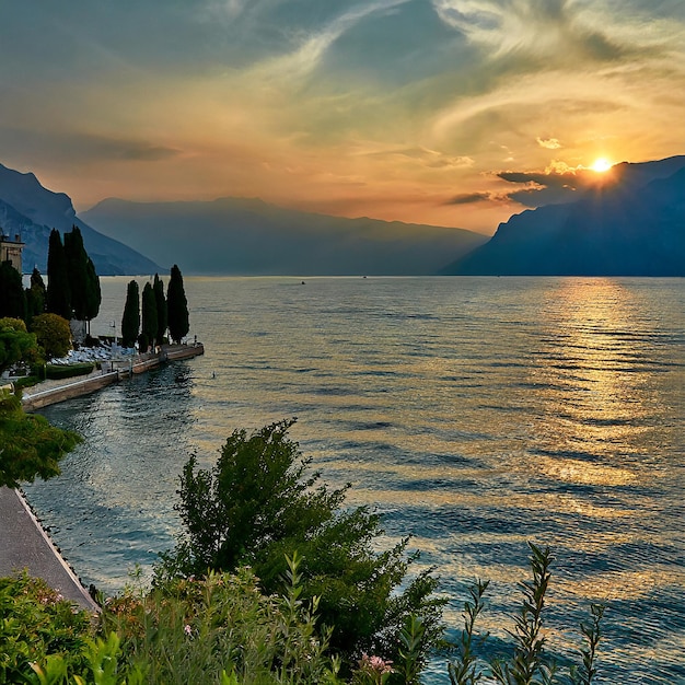 Landscape of the lake at sunset Summer and warm colors