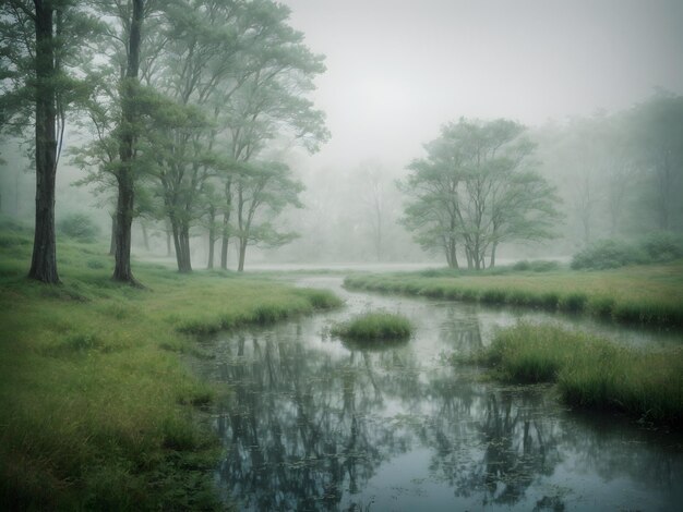 A landscape of a lake with a forest and beautiful sky