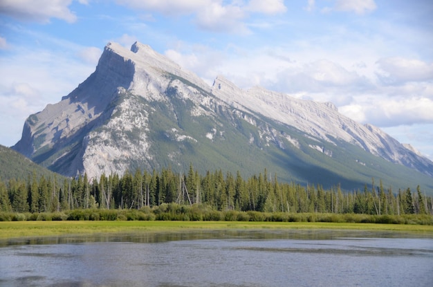 Landscape of lake with mountain range and pinetree forest in Canada