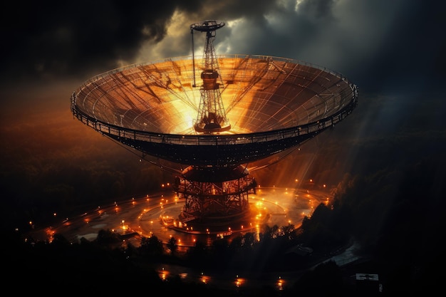 Photo landscape of a large radio telescope radio telescope pointing upwards into the night sky