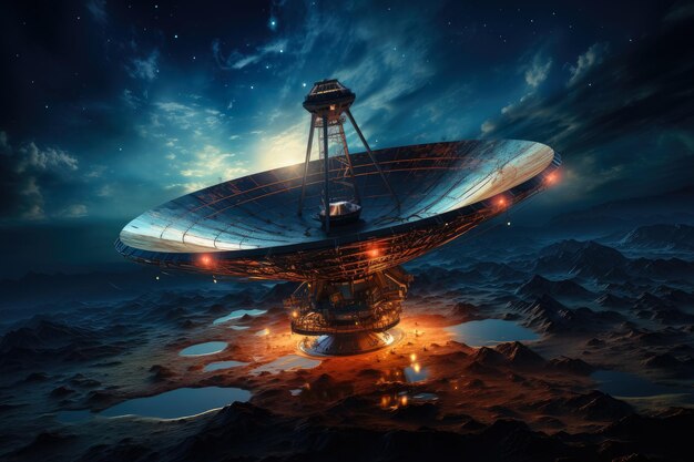 Photo landscape of a large radio telescope radio telescope pointing upwards into the night sky