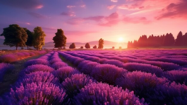 Photo landscape lavender field at sunset