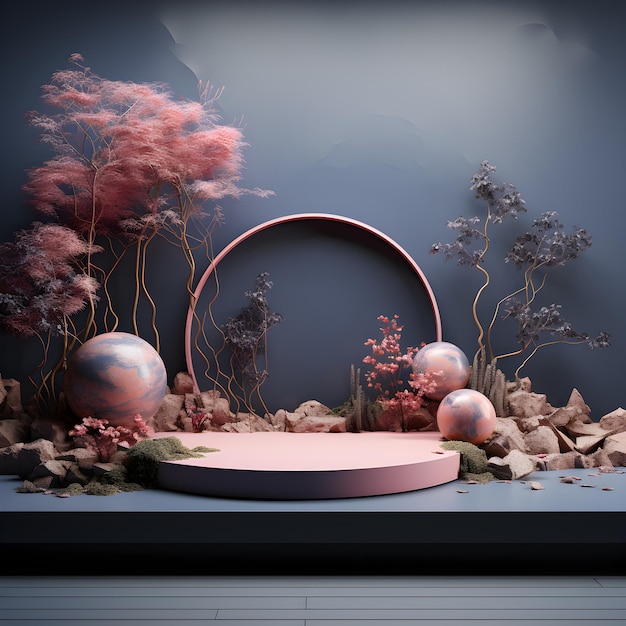 Ландшафтный макет 3d-рендеринг пустой сцены макета подиума с бетонной текстурой для продукта ai