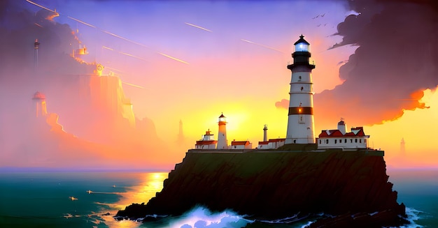 Landscape Lighthouse on an Island Warning Guide Signal Conceptual Digital Art Generative AI