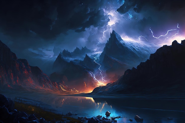 landscape of lighting over the mountains having a dramatic composition.