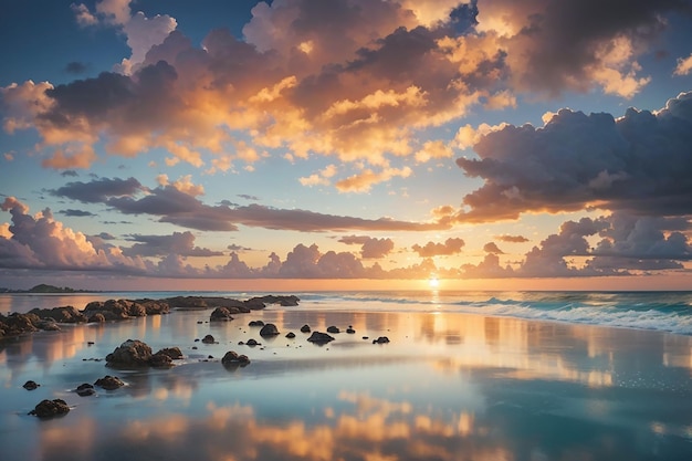 Landscape long exposure of majestic clouds in the sky sunset or sunrise over sea with reflection in the tropical sea beautiful seascape scenery amazing light of nature sunset