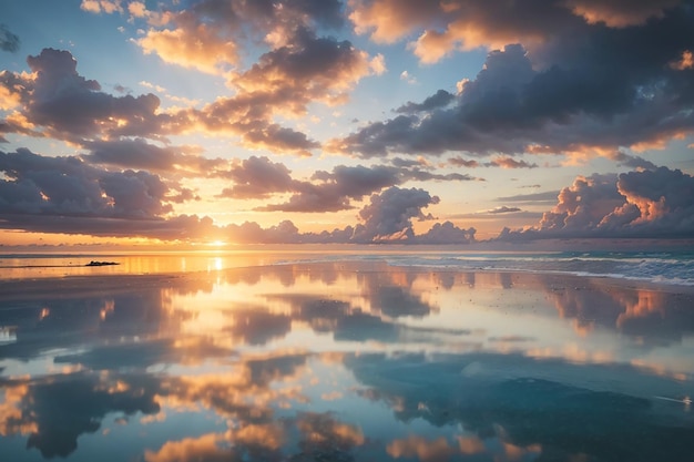 Landscape long exposure of majestic clouds in the sky sunset or sunrise over sea with reflection in the tropical sea beautiful seascape scenery amazing light of nature sunset