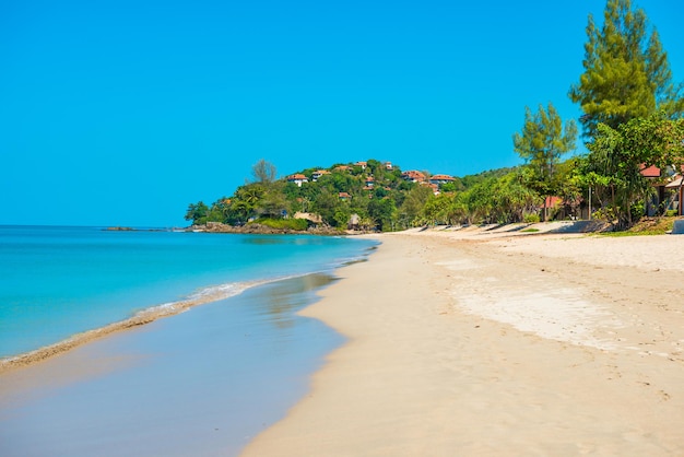 Landscape of long sand beach, clear sea and green trees at tropical island