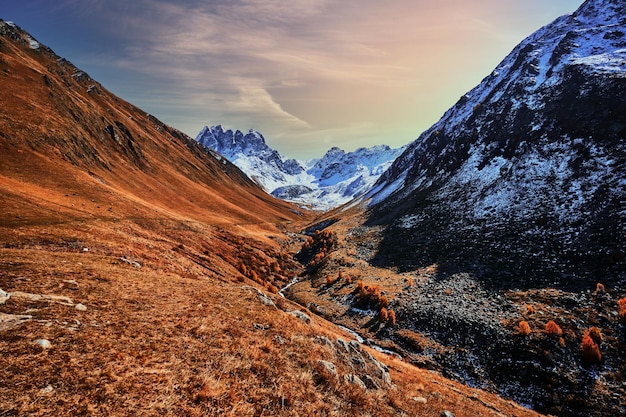 Landscape of majestic scenic mountains valley in the Juta, Georgia