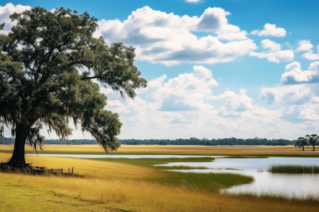 Landscape of meadow with tree and lake under blue sky Beautiful savannah landscape view on a sunny day AI Generated