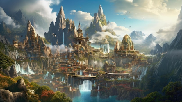 Landscape of Medieval Fantasy City Surrounded By Mountains Generative AI