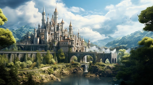 Landscape of Medieval Fantasy City Surrounded By Mountains