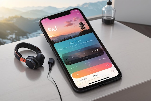 a landscape mockup for a music streaming app demonstrating a smartphone with a personalized playlist on the screen