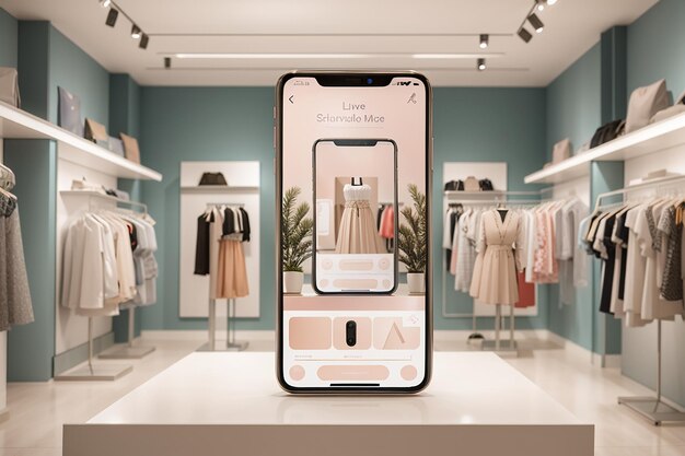 a landscape mockup of a smartphone in a fashion boutique highlighting screen customization for a virtual dressing room and clothing shopping app