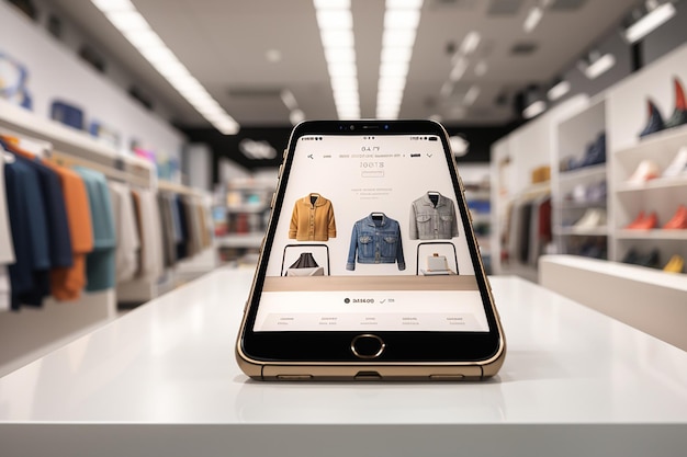 ファッションや服のショッピングアプリのスクリーンカスタマイズを強調する小売店のスマートフォンの風景モックアップ