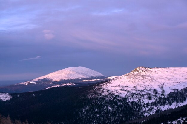 Landscape - morning dawn in the mountains of the Northern Urals in the vicinity of Mount Konzhakovskiy Kamen