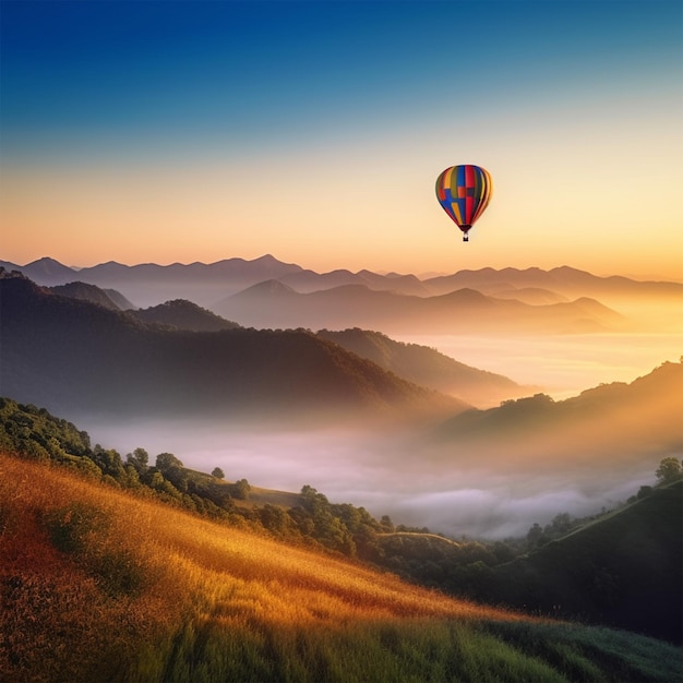 Landscape of Morning Fog and Mountains with Hot Air Balloons