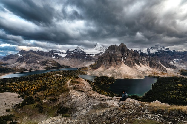 Landscape of mount Assiniboine with dramatic sky on Nublet peak in provincial park at British Columbia Canada