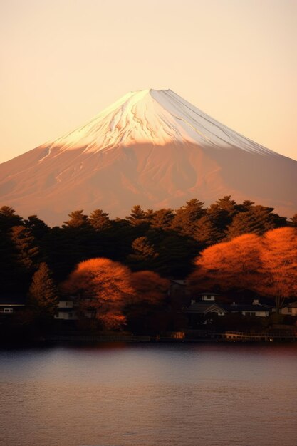 Foto paesaggio del monte fuji coperto di neve sul lago e case create utilizzando la tecnologia generativa ai