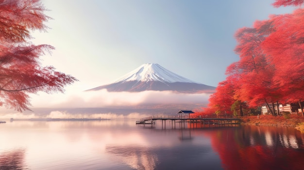 A landscape of mount fuji with a red tree in the foreground