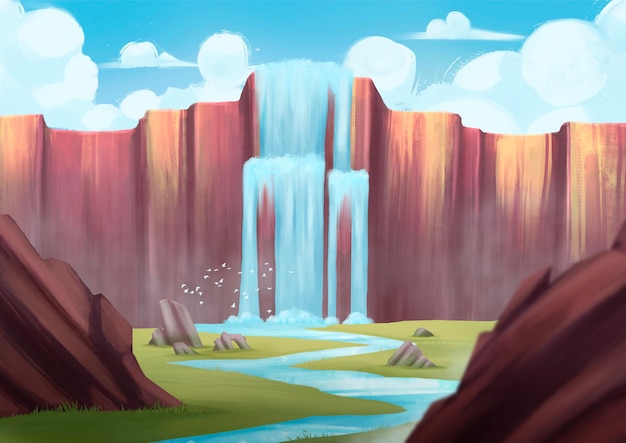Landscape of Mountain Cliff with Waterfall and Meadow. Concept Art Illustration
