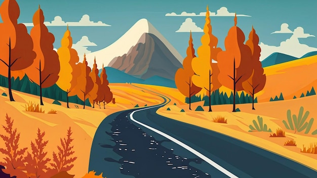 Landscape of mountain empty road in autumn with pines bushes orange grass flat colorful vector illustration