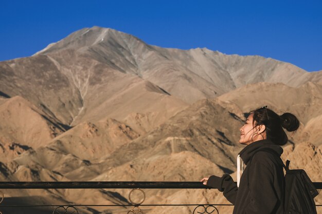 Landscape of mountain nature with woman