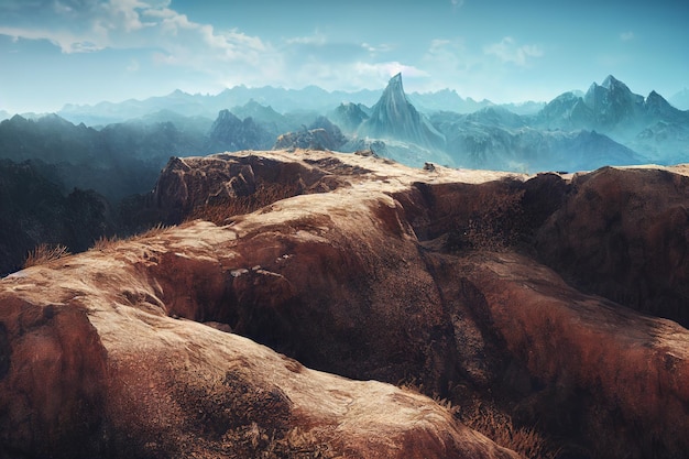 Landscape of mountain peaks mountain peaks on the mountain top\
beautiful mountain landscape 3drender raster illustration