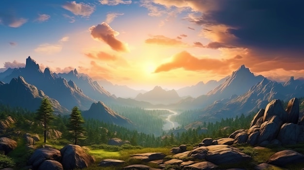 The landscape of the mountain range in dawn rays