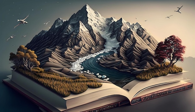 Landscape mountain and sea coming out from a open book generative ai