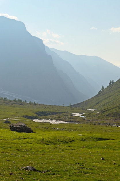 Abbellisca la valle verde della siluetta della montagna con foschia e nebbia sulle alpi