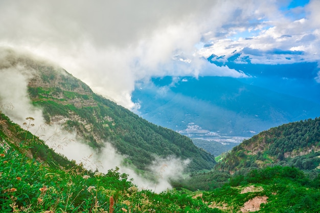 Landscape of a mountain slope covered with grass