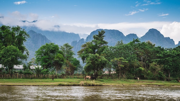 Vang Vieng、ラオスの風景と山。