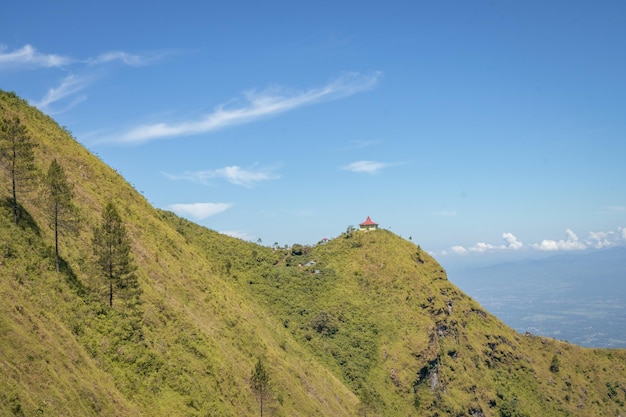 朝の時間の日光の夏の雰囲気の山の風景