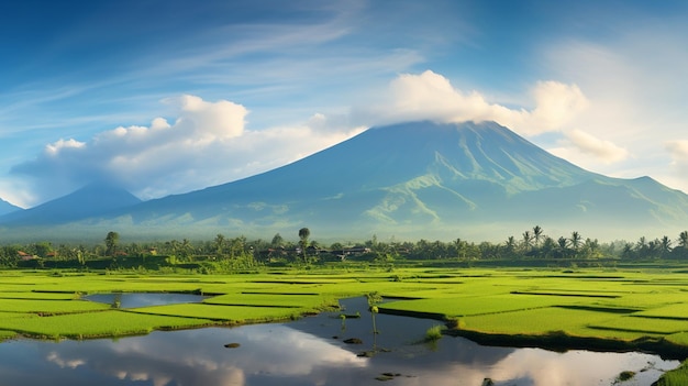 a landscape of a mountain with a lake and mountains in the background.