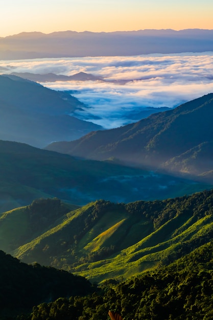 ナン省タイの霧のある山の風景