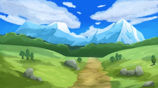 landscape mountains and blue sky anime nature background illustration