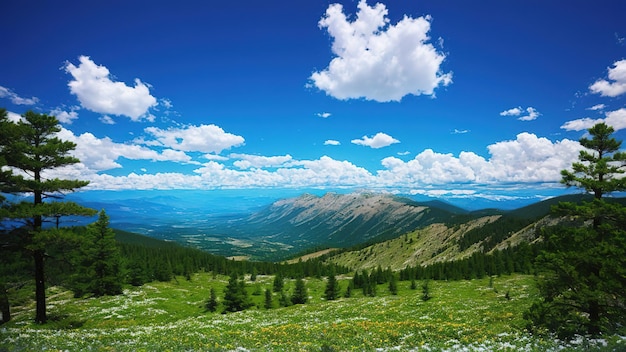 Landscape of mountains forest and sky with clouds