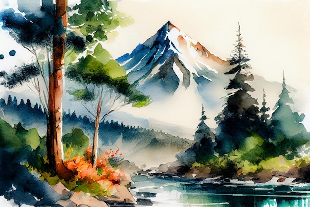 山と森の風景 水彩画