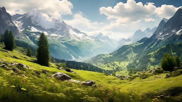 山と緑の野原の風景