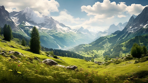 Landscape of mountains and green fields