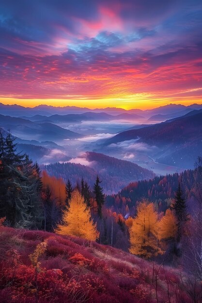 a landscape of mountains and trees